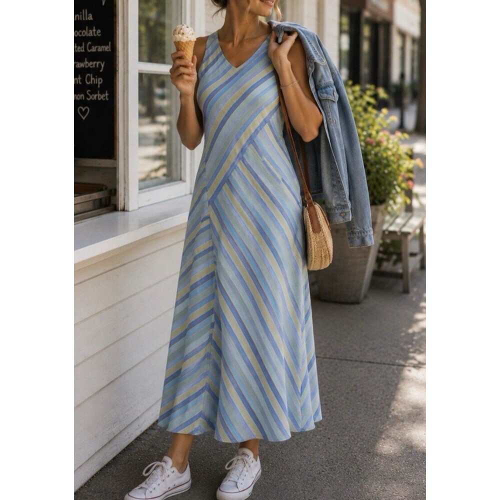 J. Jill Maxi Maxi Dress Womens Striped 100% Linen V-Neck Lined Coastal SZ XS